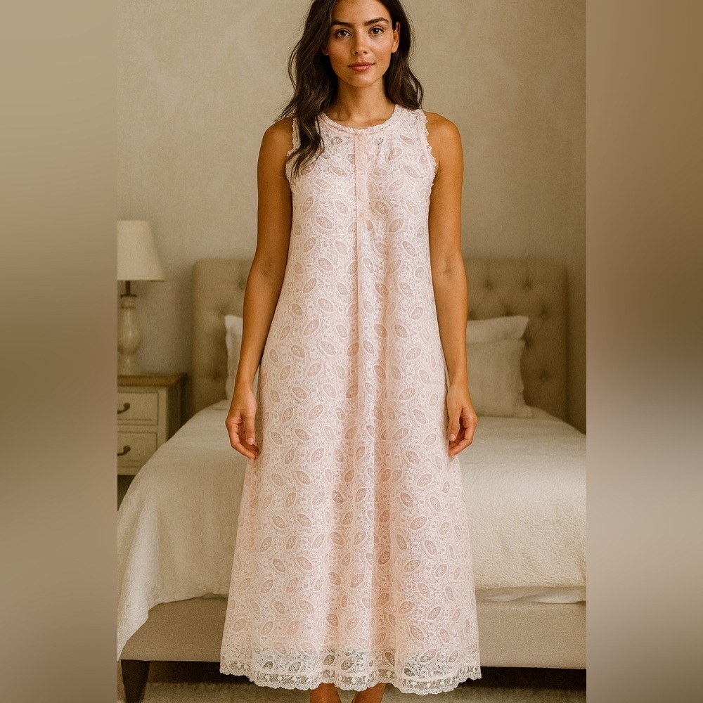 Vintage Lace Maxi Nightie Cream Baby Pink Underlay Sleeveless Buttons Si…​​​